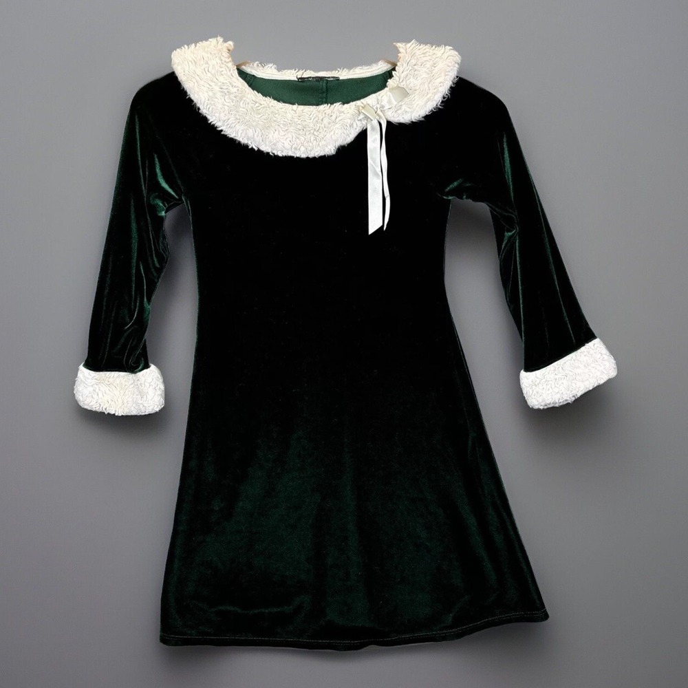 Velvet Green Dress Girls 7 Faux White Fur Trim Long Sleeve Vintage Christmas